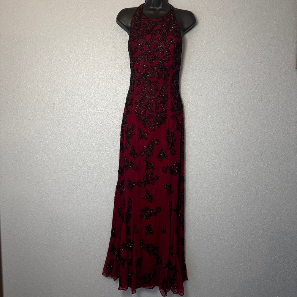 Vintage Y2K SCALA Sequin Beaded Silk Maxi Gown red & black Low open Back goth M